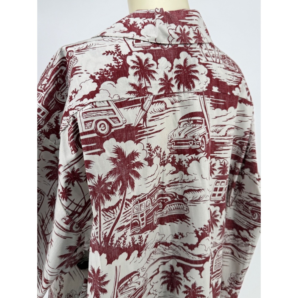 Vintage Go Barefoot Woodie Wagon Surf Mobile Hawaiian Shirt 2XL Tall Burgundy - Picture 11 of 13
